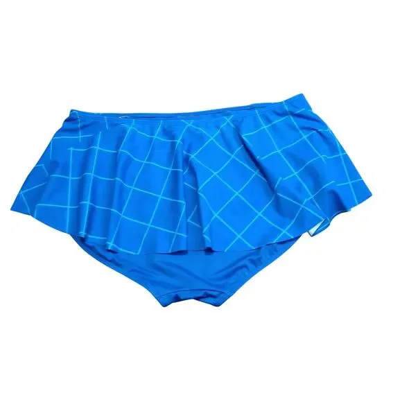SPANX Flirty Skirted Bottom Womens 16 Electric Blue Green Ruffled Plaid Swim - Picture 2 of 6